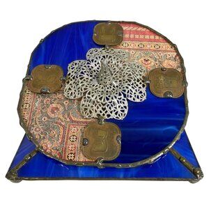 Handmade Judaica Art Glass Blue Dreidel w/ Stand Signed By Leona Fein Vintage